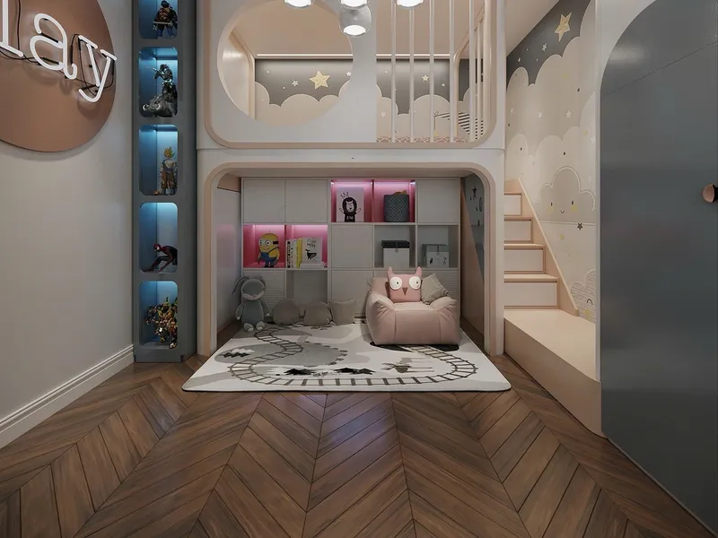 Phòng ngủ cho bé với giường gác và bàn học do PT HOME thi công